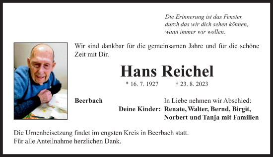 Traueranzeige von Hans Reichel von Neustadt/ Scheinfeld/ Uffenheim
