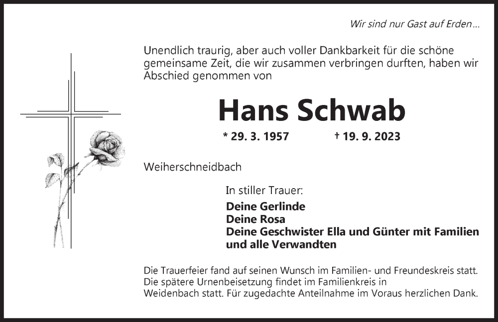  Traueranzeige für Hans Schwab vom 23.09.2023 aus Ansbach