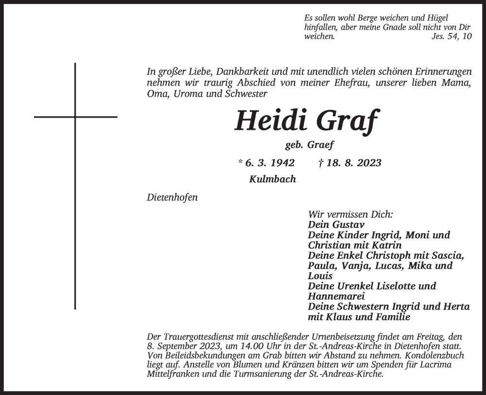  Traueranzeige für Heidi Graf vom 02.09.2023 aus Ansbach