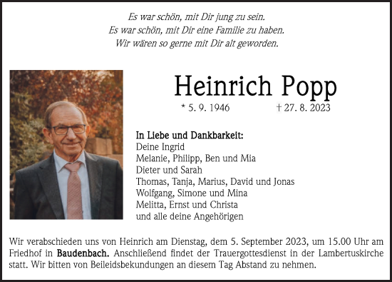 Traueranzeige von Heinrich Popp von Neustadt/ Scheinfeld/ Uffenheim