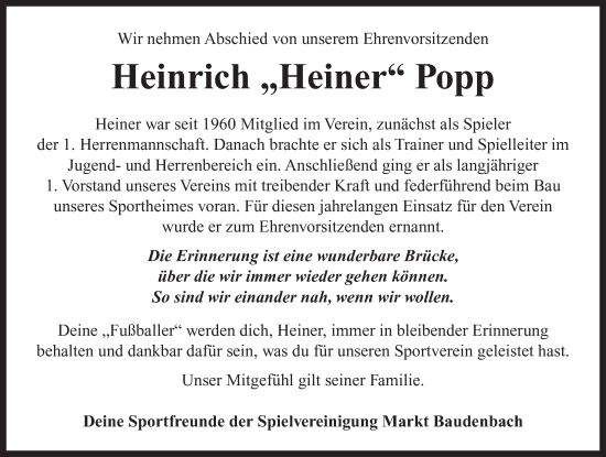 Traueranzeige von Heinrich Popp von Neustadt/ Scheinfeld/ Uffenheim