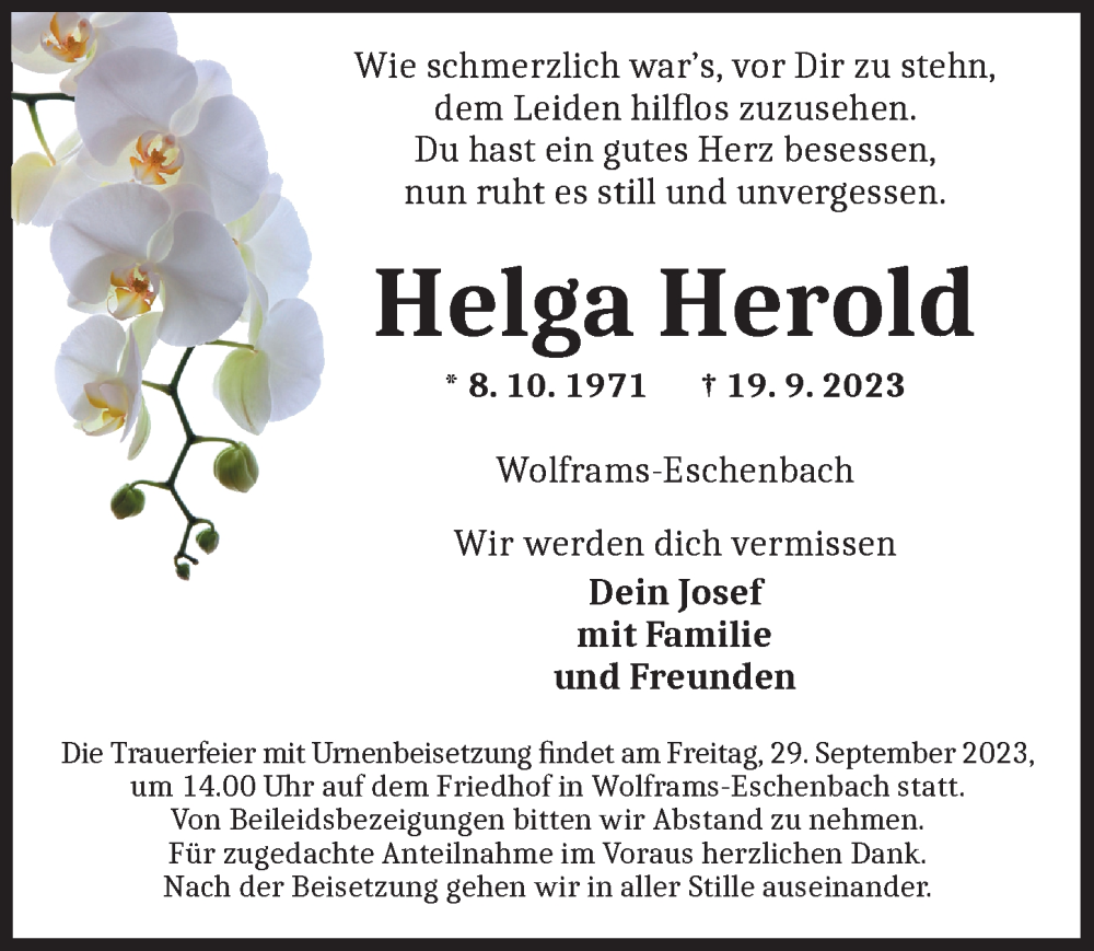  Traueranzeige für Helga Herold vom 26.09.2023 aus Ansbach