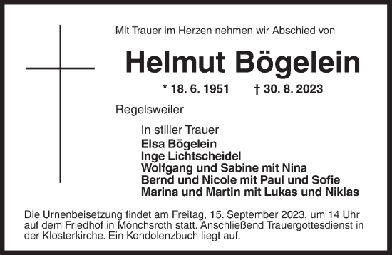 Traueranzeige von Helmut Bögelein von Dinkelsbühl/ Feuchtwangen