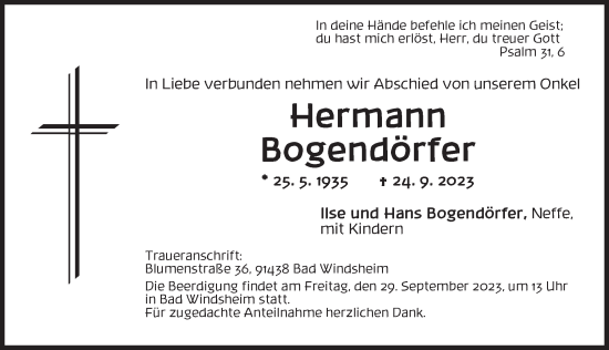 Traueranzeige von Hermann Bogendörfer von Neustadt/ Scheinfeld/ Uffenheim