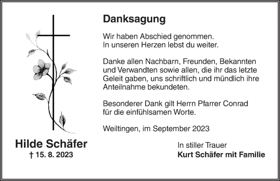 Traueranzeige von Hilde Schäfer von Dinkelsbühl/ Feuchtwangen