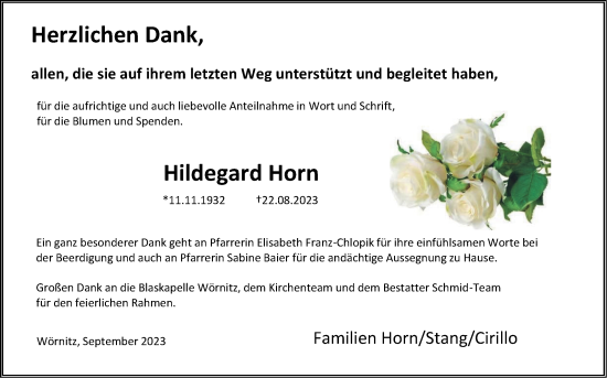 Traueranzeige von Hildegard Horn von Rothenburg