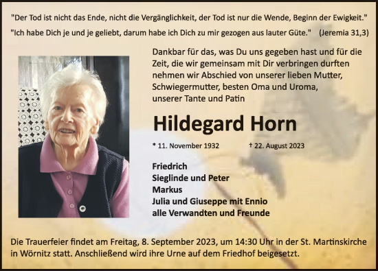 Traueranzeige von Hildegard Horn von Rothenburg