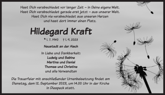 Traueranzeige von Hildegard Kraft von Neustadt/ Scheinfeld/ Uffenheim