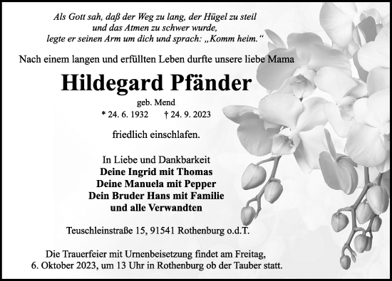 Traueranzeige von Hildegard Pfänder von Rothenburg