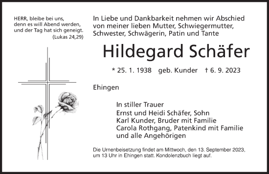 Traueranzeige von Hildegard Schäfer von Dinkelsbühl/ Feuchtwangen