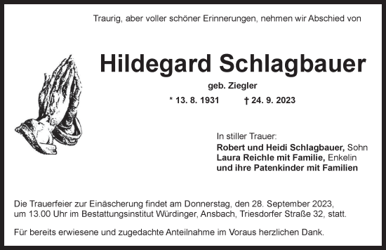 Traueranzeige von Hildegard Schlagbauer von Ansbach