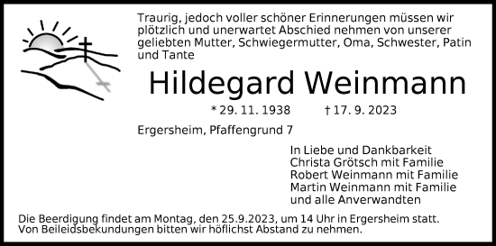 Traueranzeige von Hildegard Weinmann von Neustadt/ Scheinfeld/ Uffenheim