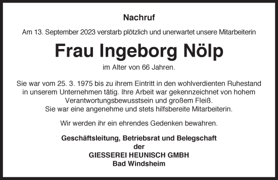 Traueranzeige von Ingeborg Nölp von Neustadt/ Scheinfeld/ Uffenheim