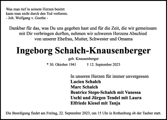 Traueranzeige von Ingeborg Schalch-Knausenberger von Rothenburg