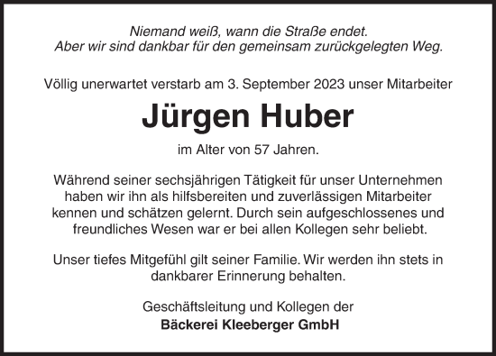 Traueranzeige von Jürgen Huber von Ansbach