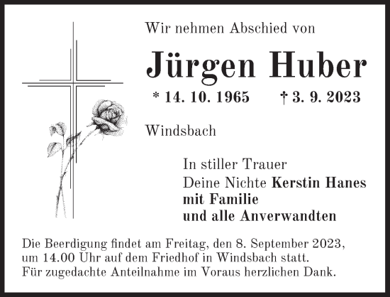 Traueranzeige von Jürgen Huber von Ansbach