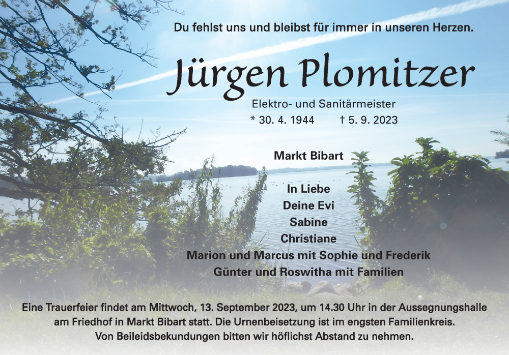  Traueranzeige für Jürgen Plomitzer vom 09.09.2023 aus Neustadt/ Scheinfeld/ Uffenheim