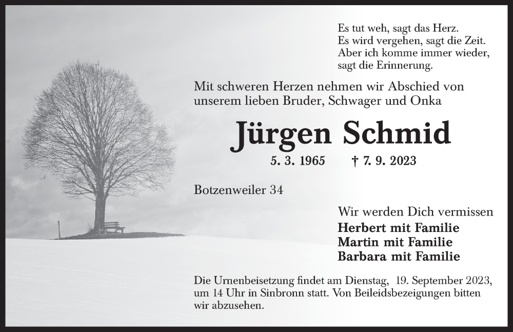  Traueranzeige für Jürgen Schmid vom 16.09.2023 aus Dinkelsbühl/ Feuchtwangen