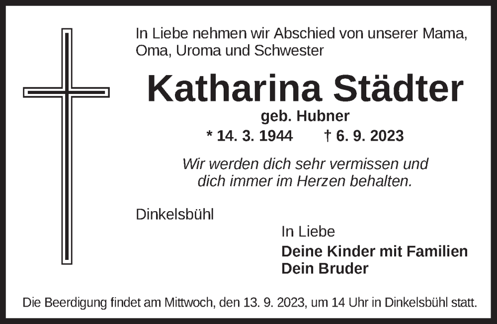  Traueranzeige für Katharina Städter vom 11.09.2023 aus Dinkelsbühl/ Feuchtwangen