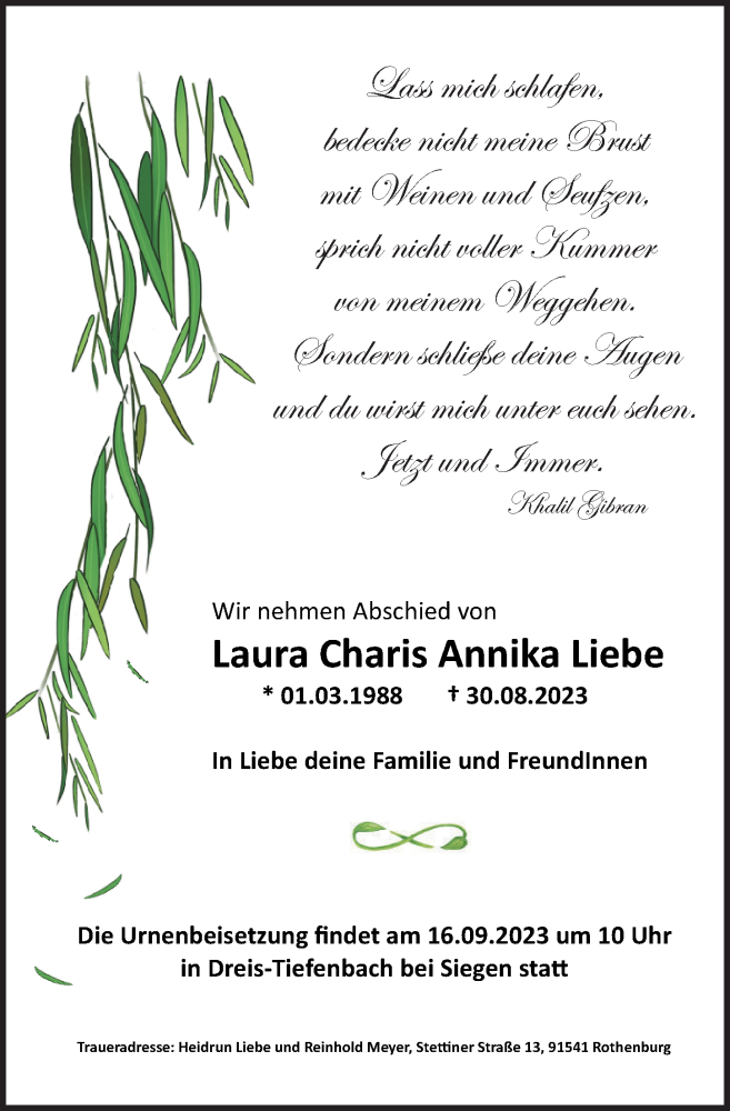  Traueranzeige für Laura Charis Annika Liebe vom 09.09.2023 aus Rothenburg