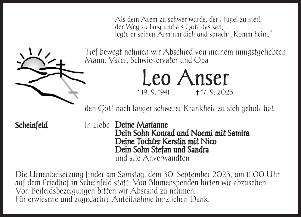  Traueranzeige für Leo Anser vom 28.09.2023 aus Neustadt/ Scheinfeld/ Uffenheim