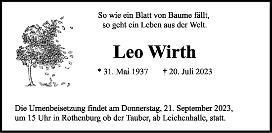 Traueranzeige von Leo Wirth von Rothenburg