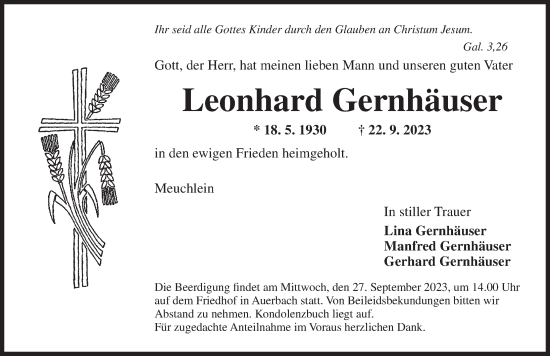 Traueranzeige von Leonhard Gernhäuser von Ansbach