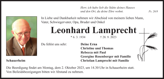 Traueranzeige von Leonhard Lamprecht von Neustadt/ Scheinfeld/ Uffenheim