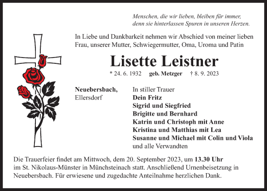 Traueranzeige von Lisette Leistner von Neustadt/ Scheinfeld/ Uffenheim