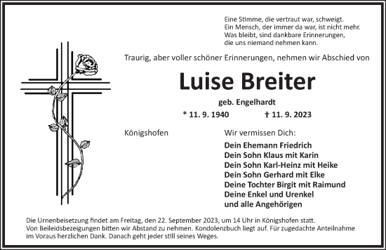 Traueranzeige von Luise Breiter von Dinkelsbühl/ Feuchtwangen