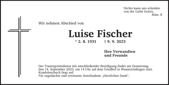 Traueranzeige von Luise Fischer von Dinkelsbühl/ Feuchtwangen