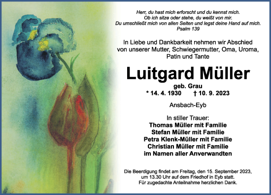 Traueranzeige von Luitgard Müller von Ansbach