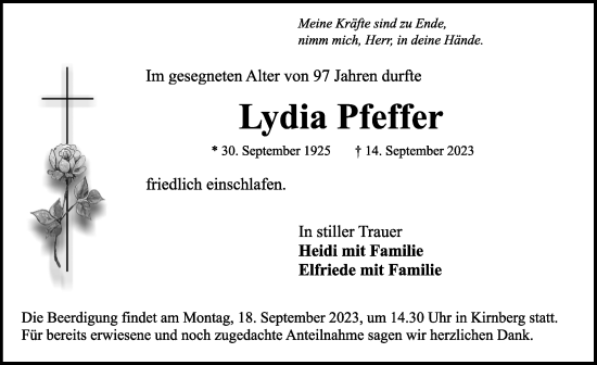 Traueranzeige von Lydia Pfeffer von Rothenburg