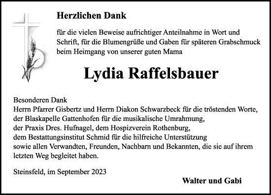 Traueranzeige von Lydia Raffelsbauer von Rothenburg