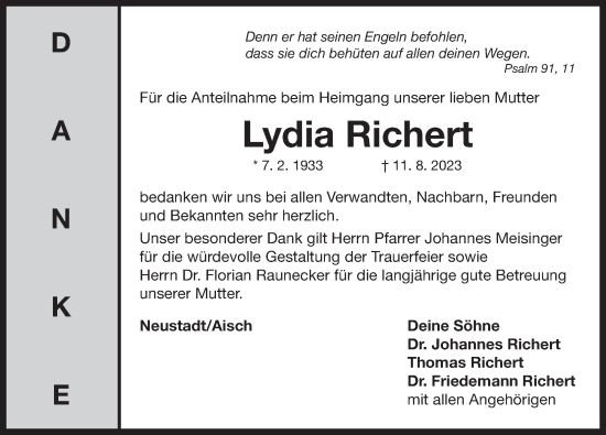 Traueranzeige von Lydia Richert von Neustadt/ Scheinfeld/ Uffenheim