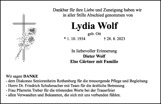 Traueranzeige von Lydia Wolf von Rothenburg
