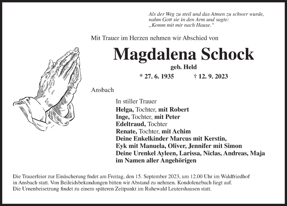  Traueranzeige für Magdalena Schock vom 13.09.2023 aus Ansbach