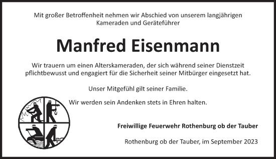 Traueranzeige von Manfred Eisenmann von Rothenburg