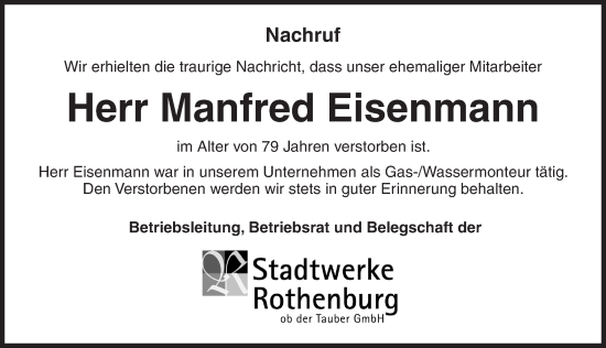 Traueranzeige von Manfred Eisenmann von Rothenburg