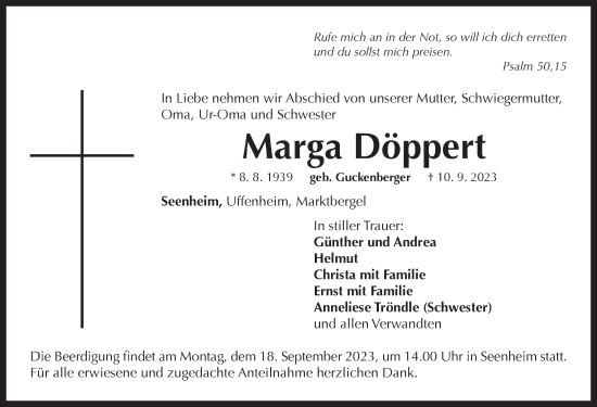 Traueranzeige von Marga Döppert von Neustadt/ Scheinfeld/ Uffenheim