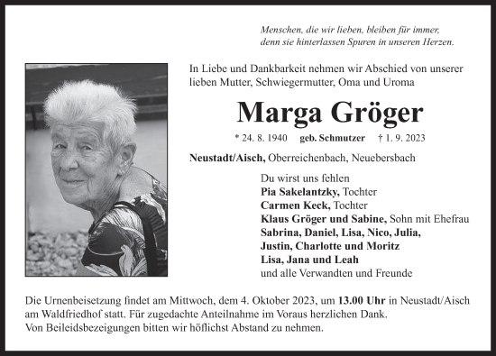 Traueranzeige von Marga Gröger von Neustadt/ Scheinfeld/ Uffenheim