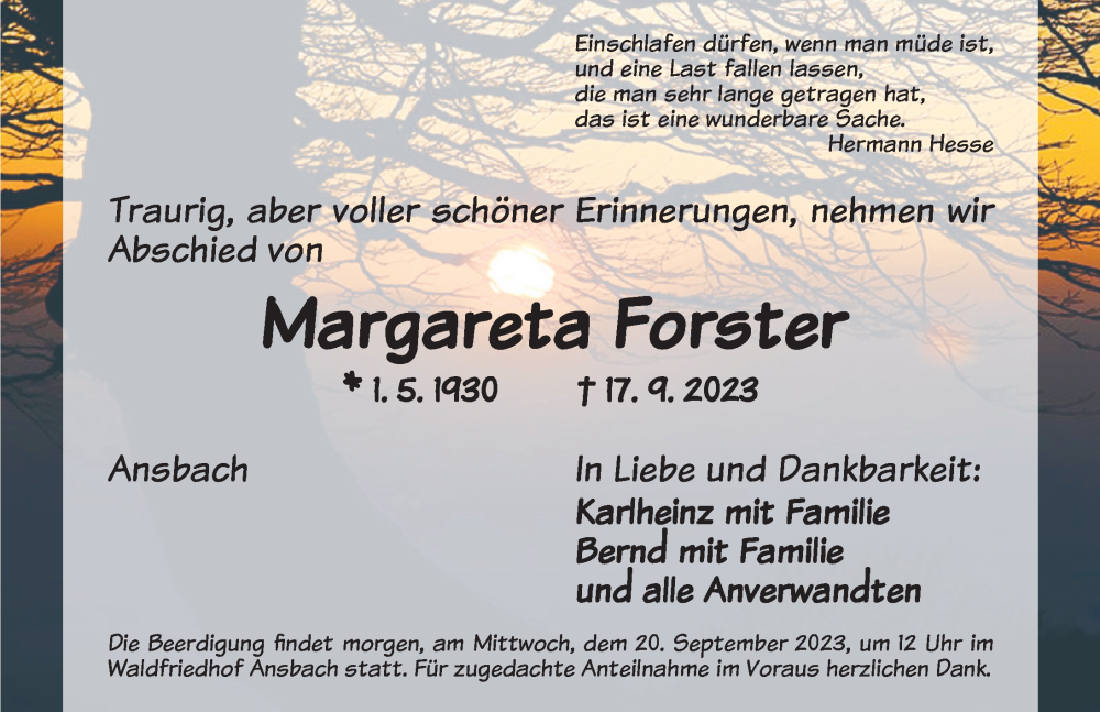  Traueranzeige für Margareta Forster vom 19.09.2023 aus Ansbach