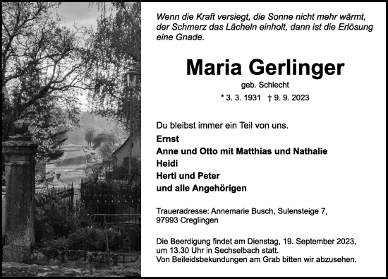 Traueranzeige von Maria Gerlinger von Neustadt/ Scheinfeld/ Uffenheim