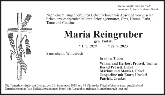 Traueranzeige von Maria Reingruber von Ansbach