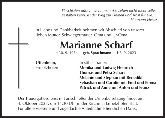 Traueranzeige von Marianne Scharf von Neustadt/ Scheinfeld/ Uffenheim