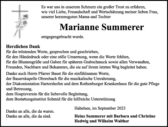 Traueranzeige von Marianne Summerer von Rothenburg