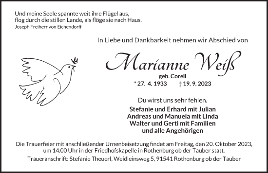 Traueranzeige von Marianne Weiß von Rothenburg