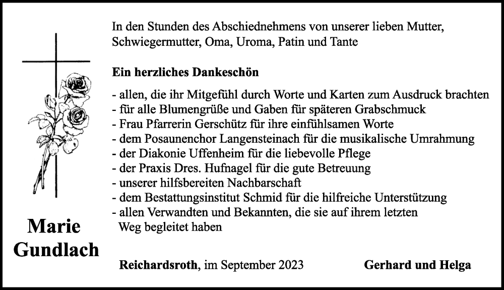  Traueranzeige für Marie Gundlach vom 09.09.2023 aus Rothenburg