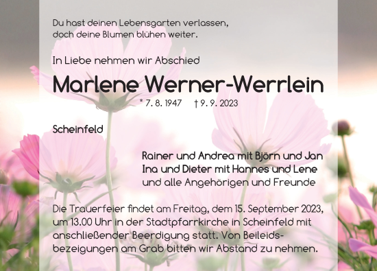 Traueranzeige von Marlene Werner-Werrlein von Neustadt/ Scheinfeld/ Uffenheim