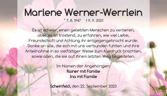 Traueranzeige von Marlene Werner-Werrlein von Neustadt/ Scheinfeld/ Uffenheim